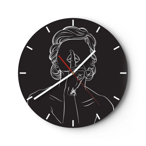 Wandklok - Klok - Een witte omtrek van een vrouw met haar vinger aan haar mond op een zwarte achtergrond. - 30x30cm - Schoonheid bloeit in stilte - Moderne wanddecoratie voor woonkamer, keuken en slaapkamer ARTTOR
