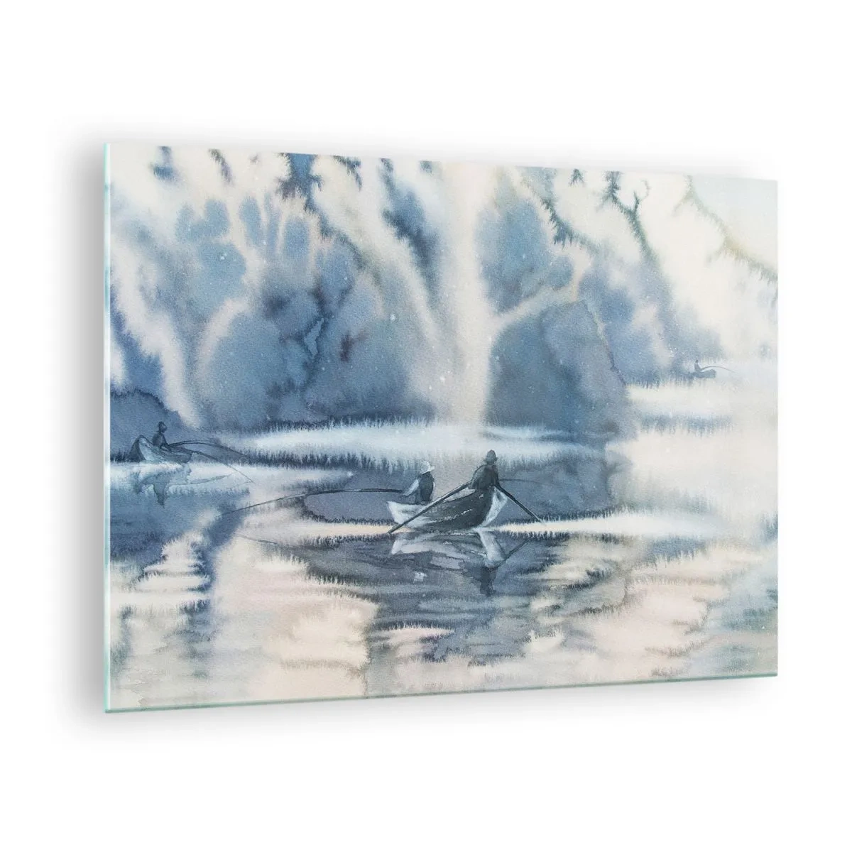 Schilderen op glas - Twee vissers op een boot, omringd door een mistig landschap - 70x50cm - Vissers in hun paradijs - Moderne wanddecoratie voor woonkamer en slaapkamer ARTTOR