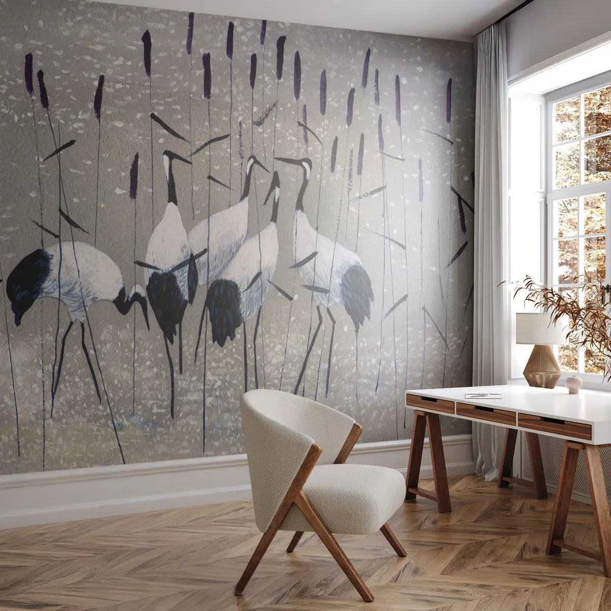Zelfklevend Fotobehang Deluxe Sticker - Onder hun eigen - Kraan, Vogel, Natuur - 250x175 cm