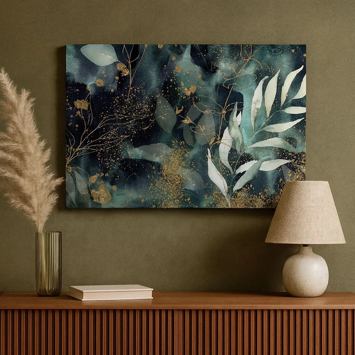 Schilderen op canvas - Elegante bladeren op een donkere achtergrond met gouden accenten - 70x50cm - Magische tuin - Moderne wanddecoratie voor woonkamer en slaapkamer ARTTOR