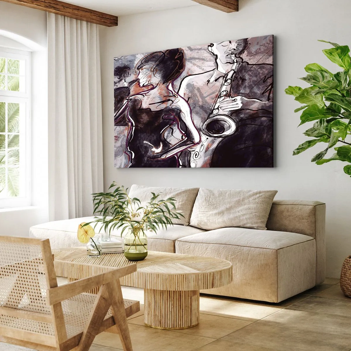 Schilderen op canvas - Abstracte jazzscène met een saxofonist en een dansende vrouw. - 70x50cm - Los op in de muziek - Moderne wanddecoratie voor woonkamer en slaapkamer ARTTOR