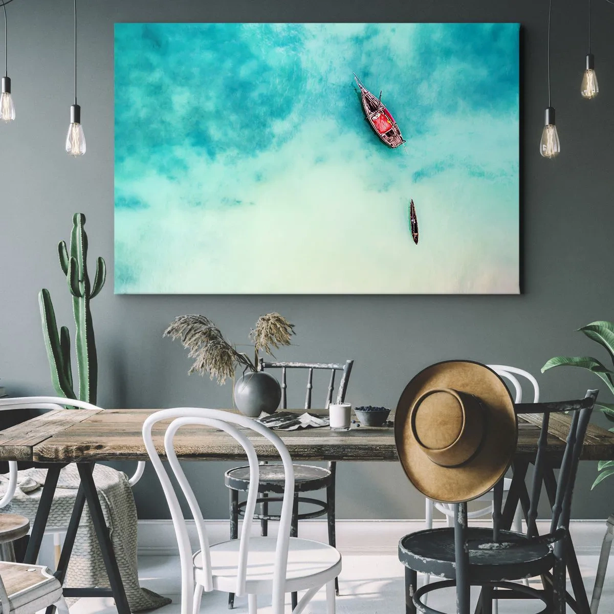 Schilderen op canvas - Boten op turquoise water gezien vanuit vogelperspectief - 70x50cm - Want op de stranden van Zanzibar, wanneer het teveel aan water ... - Moderne wanddecoratie voor woonkamer en slaapkamer ARTTOR