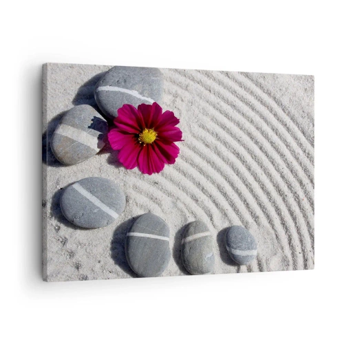 Schilderen op canvas - Stenen en een roze bloem op het zand in zenstijl - 70x50cm - Energie en rust van de magische cirkel van de natuur - Moderne wanddecoratie voor woonkamer en slaapkamer ARTTOR