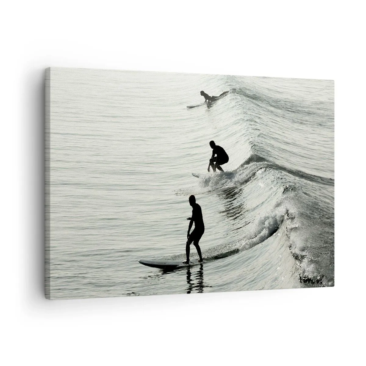 Schilderen op canvas - Surfers op de golven in een monochrome foto - 70x50cm - Om de golf te ontmoeten - Moderne wanddecoratie voor woonkamer en slaapkamer ARTTOR