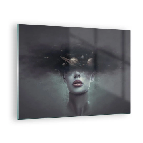Schilderen op glas - Een vrouw met planeten als hoofd in een surrealistische compositie - 70x50cm - En de planeten worden gek... - Moderne wanddecoratie voor woonkamer en slaapkamer ARTTOR