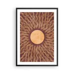 Poster in een zwarte lijst - Gestileerde zon met stralen in tinten goud en bruin - 50x70cm - Zon icoon - Moderne wanddecoratie voor woonkamer en slaapkamer ARTTOR