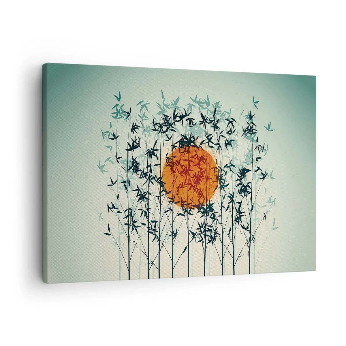 Schilderen op canvas - Oranje zon tussen de bamboetakken - 70x50cm - Japanse zon - Moderne wanddecoratie voor woonkamer en slaapkamer ARTTOR