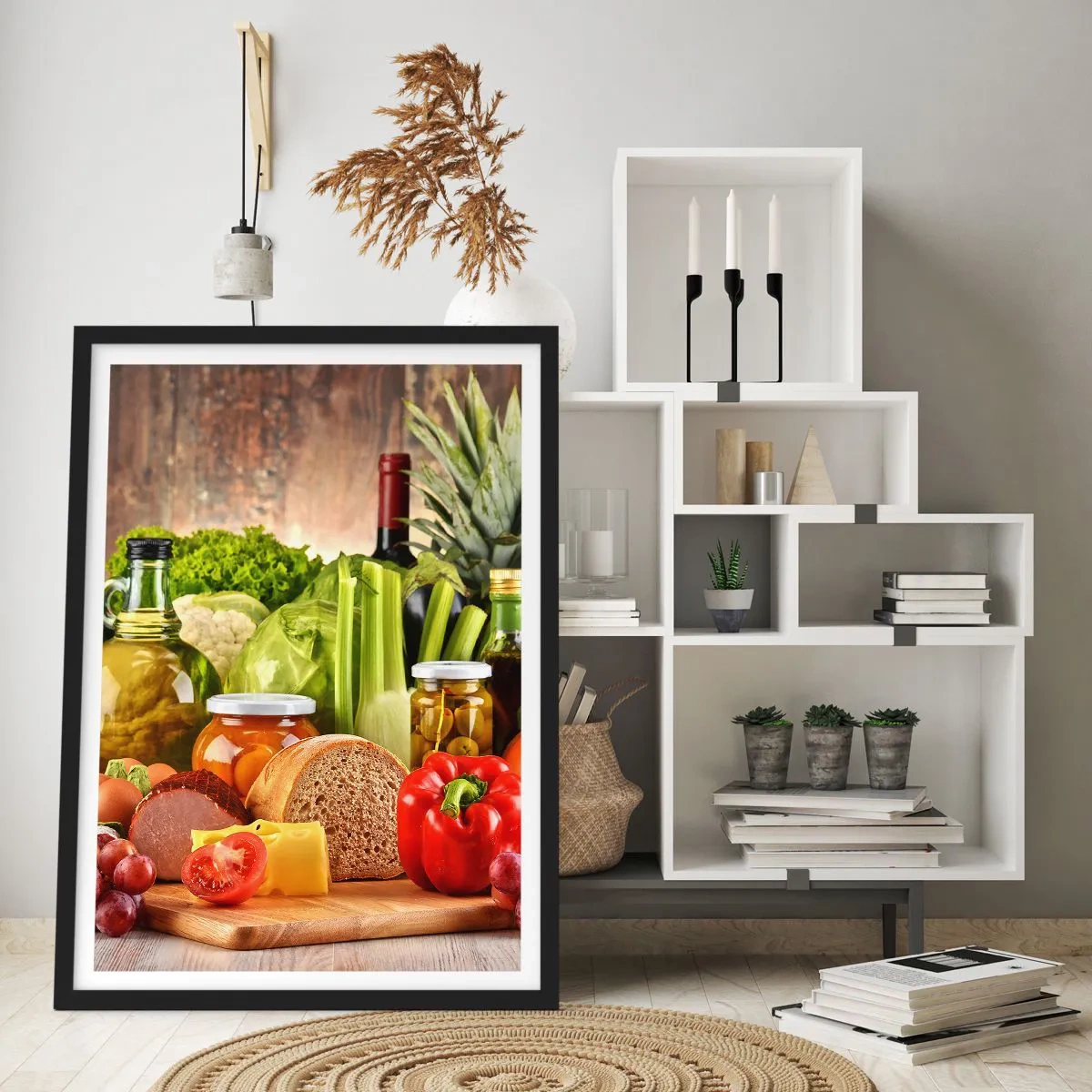 Poster in een zwarte lijst - Kleurrijke groenten en voedselproducten op een houten achtergrond - 50x70cm - Gerookt, gebakken en gemarineerd - Moderne wanddecoratie voor woonkamer en slaapkamer ARTTOR