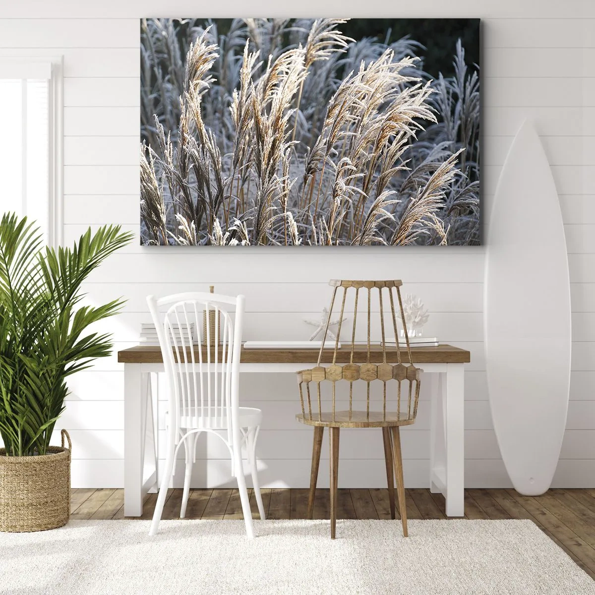 Schilderen op canvas - Winterse grassprieten bedekt met rijp tegen een donkergroene achtergrond - 70x50cm - Gekleed met vorst - Moderne wanddecoratie voor woonkamer en slaapkamer ARTTOR