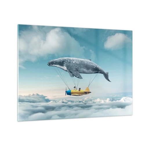 Schilderen op glas - Een walvis tilt een vliegtuig boven de wolken in een surrealistische omgeving. - 70x50cm - Waarom niet? - Moderne wanddecoratie voor woonkamer en slaapkamer ARTTOR