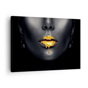 Schilderen op canvas - Zwart-gouden portret van een vrouw met een druppel goud op haar lippen - 70x50cm - Goldmouth - Moderne wanddecoratie voor woonkamer en slaapkamer ARTTOR