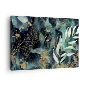 Schilderen op canvas - Elegante bladeren op een donkere achtergrond met gouden accenten - 70x50cm - Magische tuin - Moderne wanddecoratie voor woonkamer en slaapkamer ARTTOR