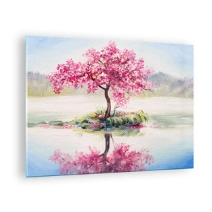Schilderen op glas - Een roze boom op een eiland weerspiegeld in het kalme water - 70x50cm - Lentefeest - Moderne wanddecoratie voor woonkamer en slaapkamer ARTTOR