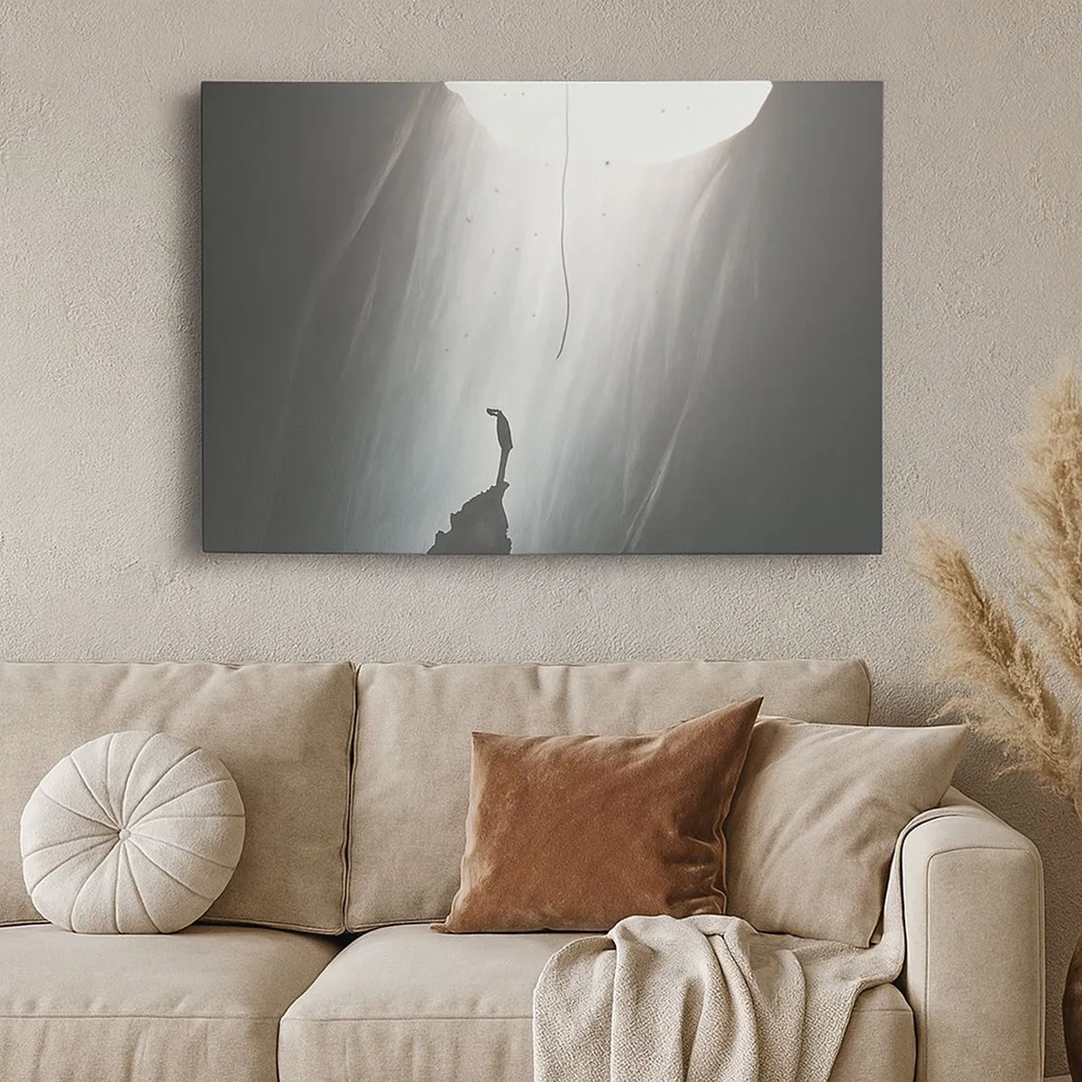 Schilderen op canvas - Silhouet van een man op de bodem van een grot met uitzicht op het licht - 70x50cm - Er is altijd een uitweg - Moderne wanddecoratie voor woonkamer en slaapkamer ARTTOR