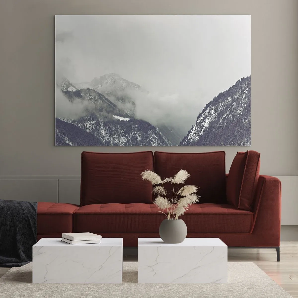 Schilderen op glas - Een bergdal in de mist in grijstinten - 70x50cm - Mistige vallei - Moderne wanddecoratie voor woonkamer en slaapkamer ARTTOR