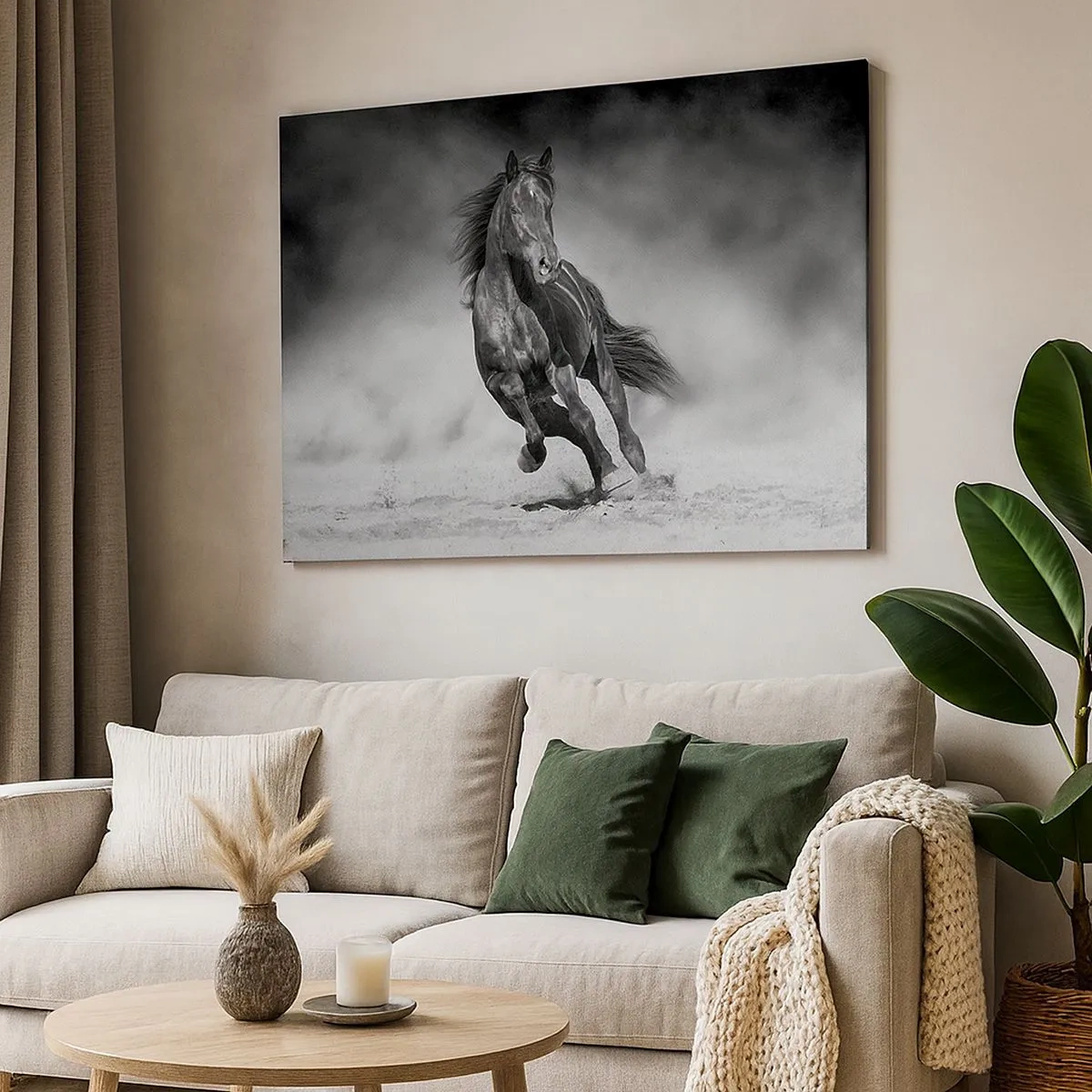 Schilderen op canvas - Een zwart-wit paard galoppeert over het zand - 70x50cm - De emir zelf waardig - Moderne wanddecoratie voor woonkamer en slaapkamer ARTTOR
