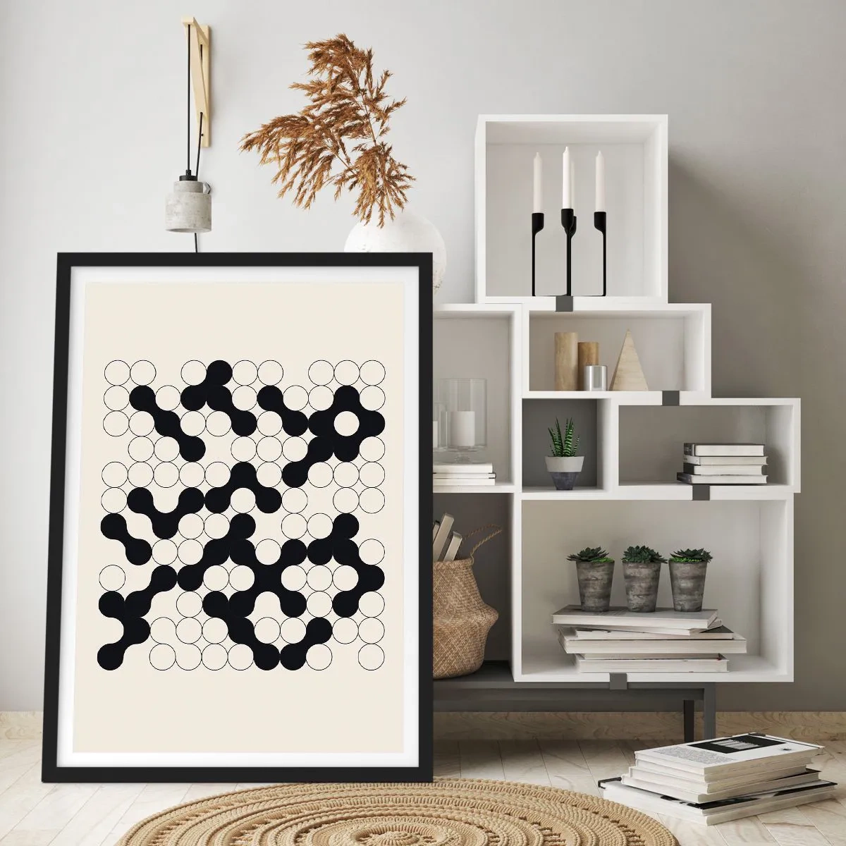 Poster in een zwarte lijst - Geometrische compositie van zwarte en witte cirkels - 50x70cm - Chinees spel – variatie - Moderne wanddecoratie voor woonkamer en slaapkamer ARTTOR