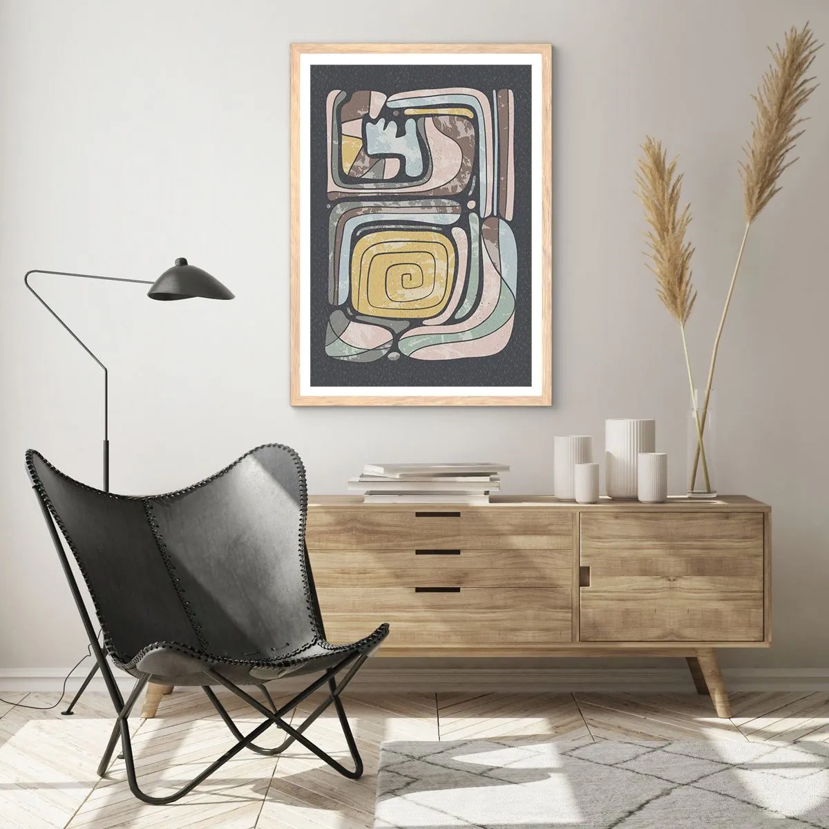 Een poster in een licht eiken lijst - Abstractie in de precolumbiaanse geest - 70x100 cm