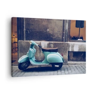 Schilderen op canvas - Een retro-scooter geparkeerd tegen een stenen muur - 70x50cm - Onvergetelijke sfeer - Moderne wanddecoratie voor woonkamer en slaapkamer ARTTOR