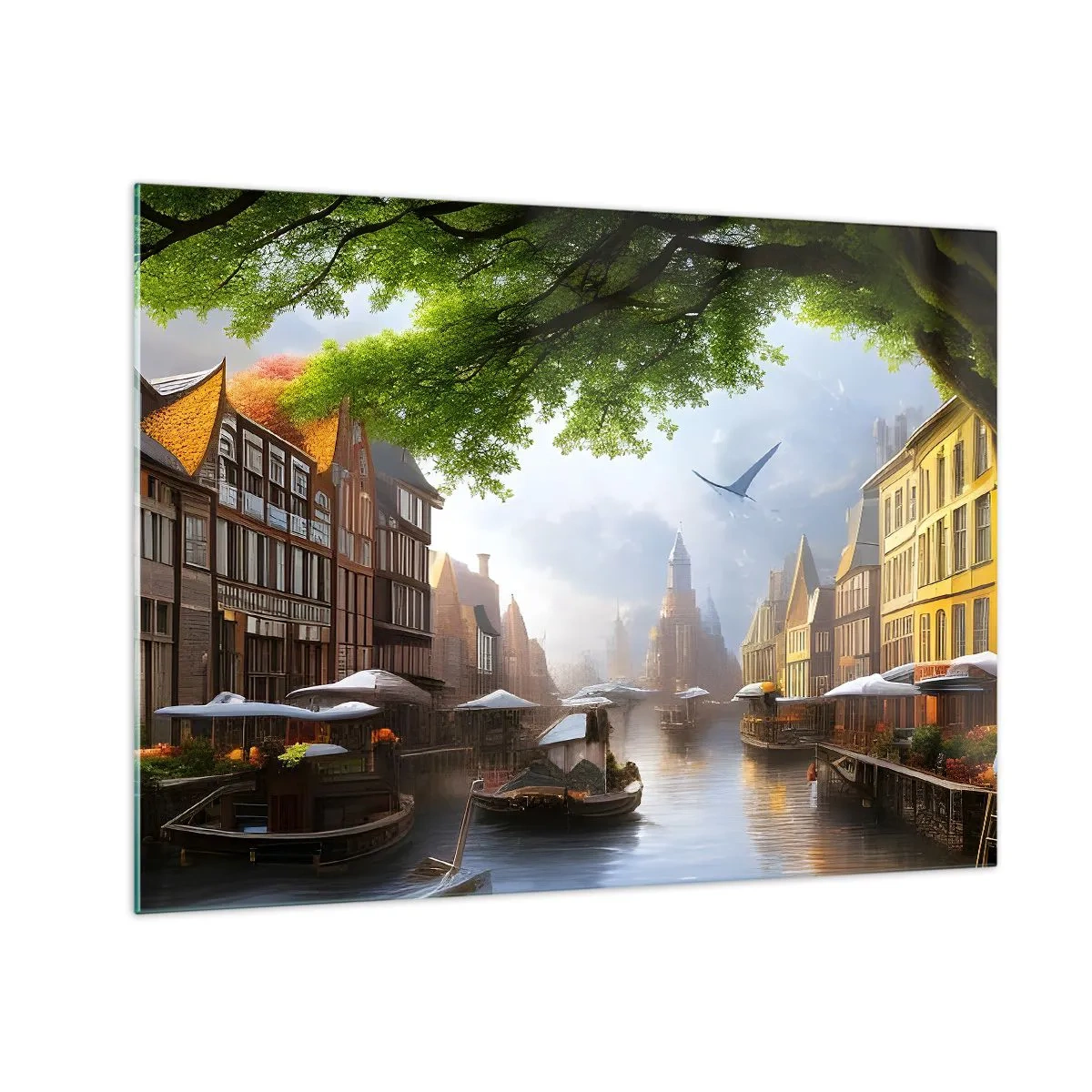 Schilderen op glas - Sfeervol uitzicht op een Hollands kanaal met boten en gebouwen - 70x50cm - Hollands stadsbeeld - Moderne wanddecoratie voor woonkamer en slaapkamer ARTTOR