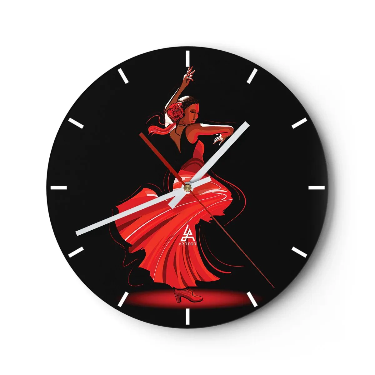 Wandklok - Klok - Flamencodanseres in een rode jurk tegen een zwarte achtergrond - 30x30cm - De vurige geest van flamenco - Moderne wanddecoratie voor woonkamer, keuken en slaapkamer ARTTOR