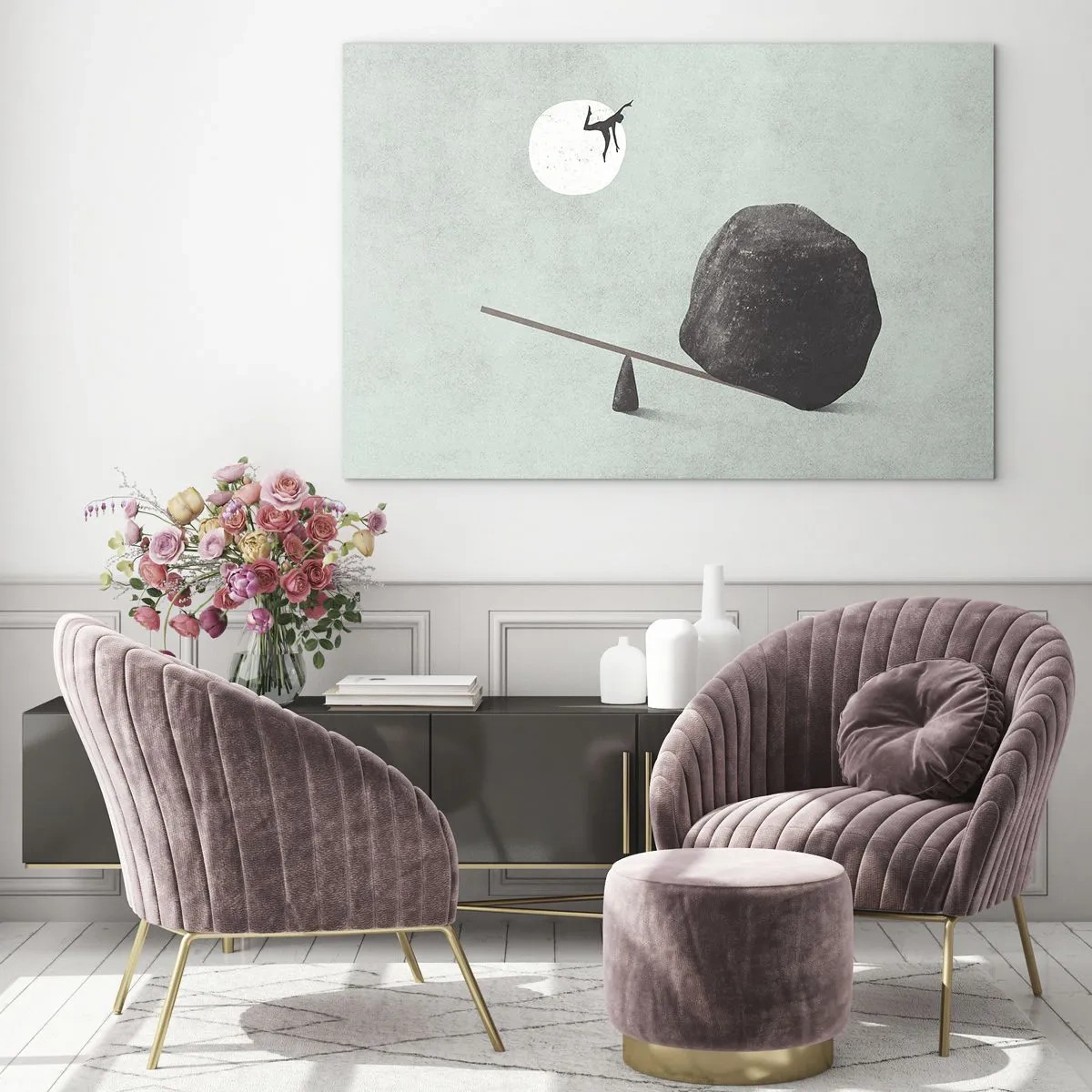 Schilderen op glas - Een minimalistische scène met een man die naar de maan vliegt. - 70x50cm - Vervulde dromen - Moderne wanddecoratie voor woonkamer en slaapkamer ARTTOR