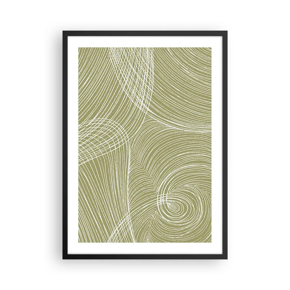 Poster in een zwarte lijst - Een abstracte compositie in groentinten met dynamische lijnen. - 50x70cm - Ingewikkelde abstractie in wit - Moderne wanddecoratie voor woonkamer en slaapkamer ARTTOR