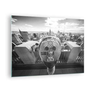 Schilderen op glas - Zwart-witbeeld van New York met een observatietelescoop - 70x50cm - Stad boven de steden - Moderne wanddecoratie voor woonkamer en slaapkamer ARTTOR