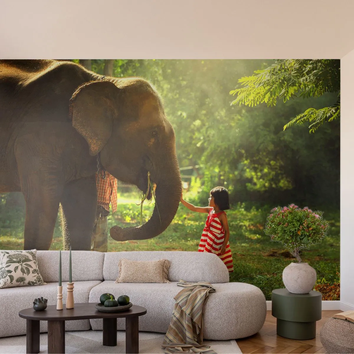Zelfklevend Fotobehang Deluxe Sticker - De kracht van vriendschap - Dieren, Olifant, Meisje - 500x350 cm
