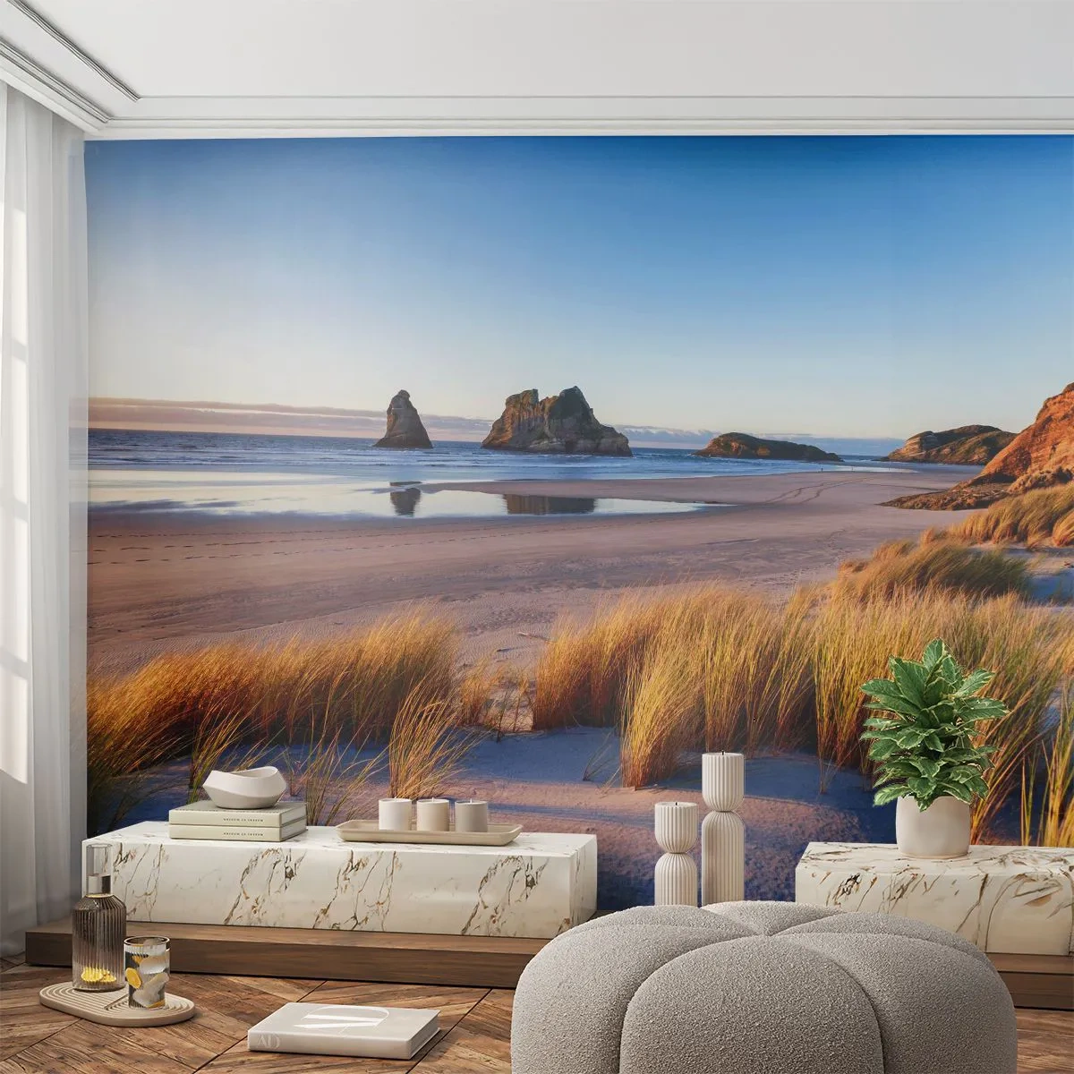 Fotobehang Standard Eco - Goudkleurig gras en een vredig strand bij zonsondergang - 100x70cm - Voor rustzoekers - Moderne wanddecoratie voor woonkamer en slaapkamer ARTTOR
