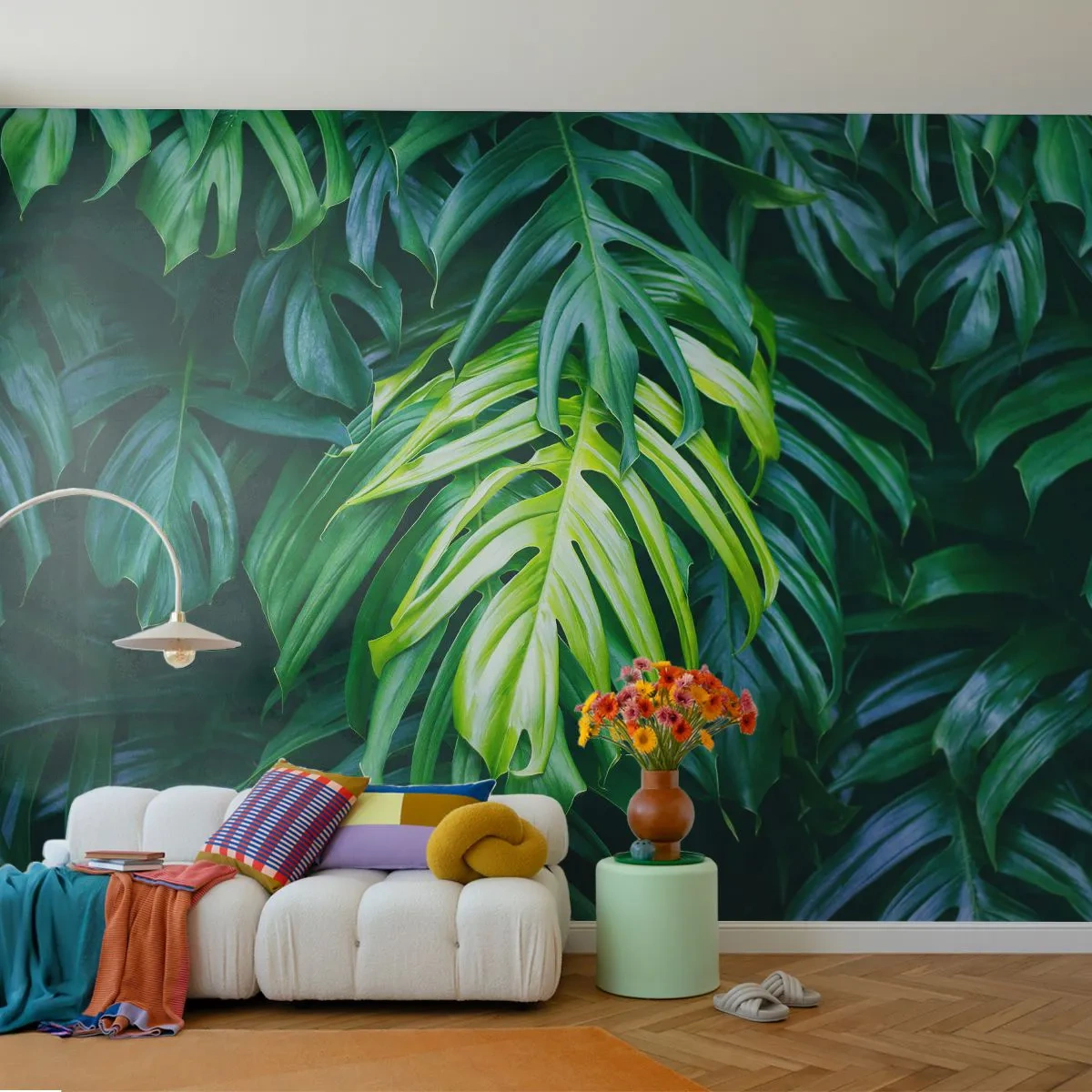 Zelfklevend Fotobehang Deluxe Sticker - Dompel jezelf onder in de frisheid - Tropische plant, Monstera-blad, Natuur - 250x175 cm
