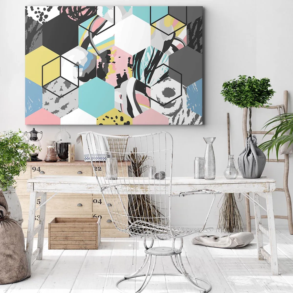Schilderen op canvas - Zeshoeken en kubussen in zes kleuren - 100x70 cm