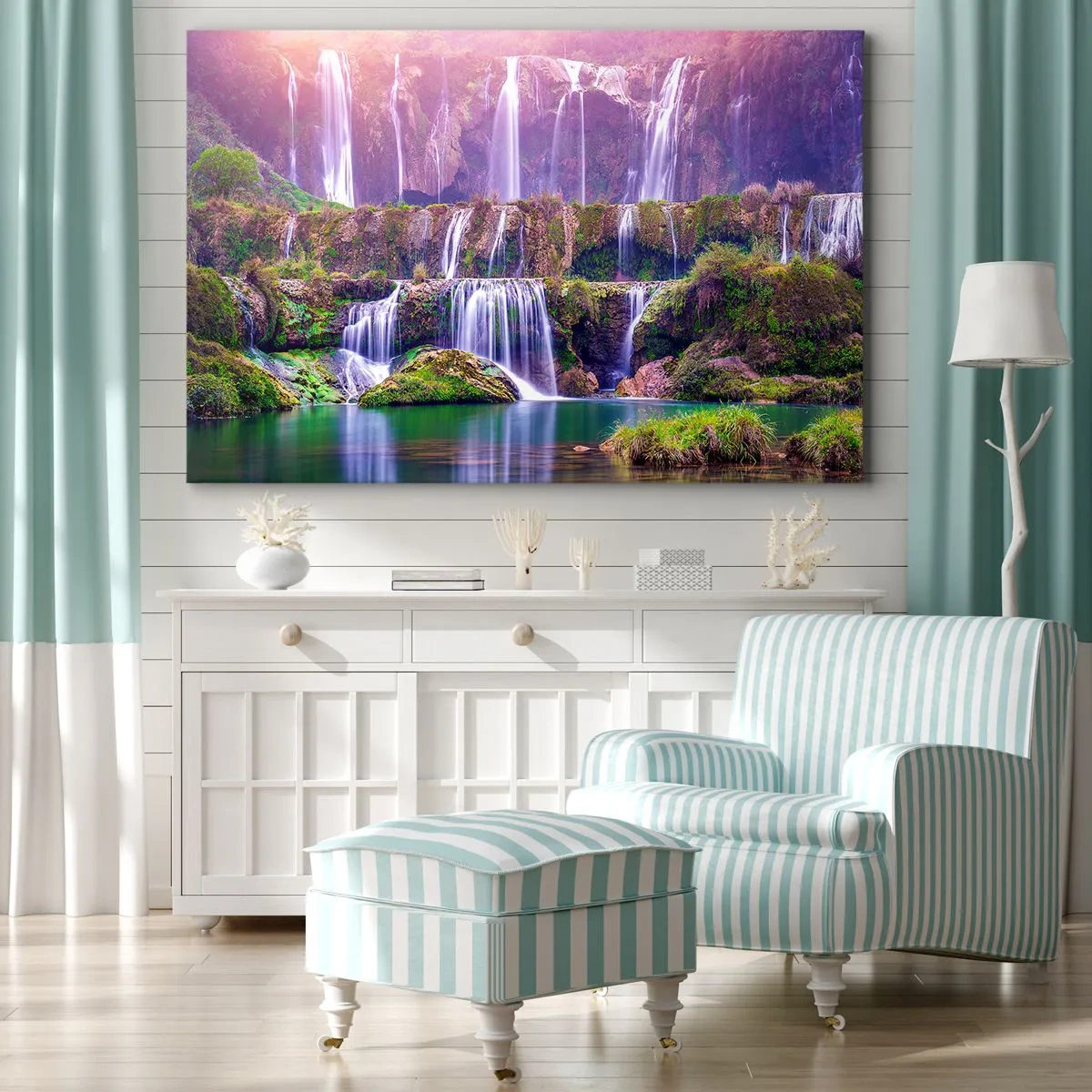Schilderen op canvas - Watervallen omgeven door groen met pastelverlichting - 70x50cm - Trap naar de hemel - Moderne wanddecoratie voor woonkamer en slaapkamer ARTTOR