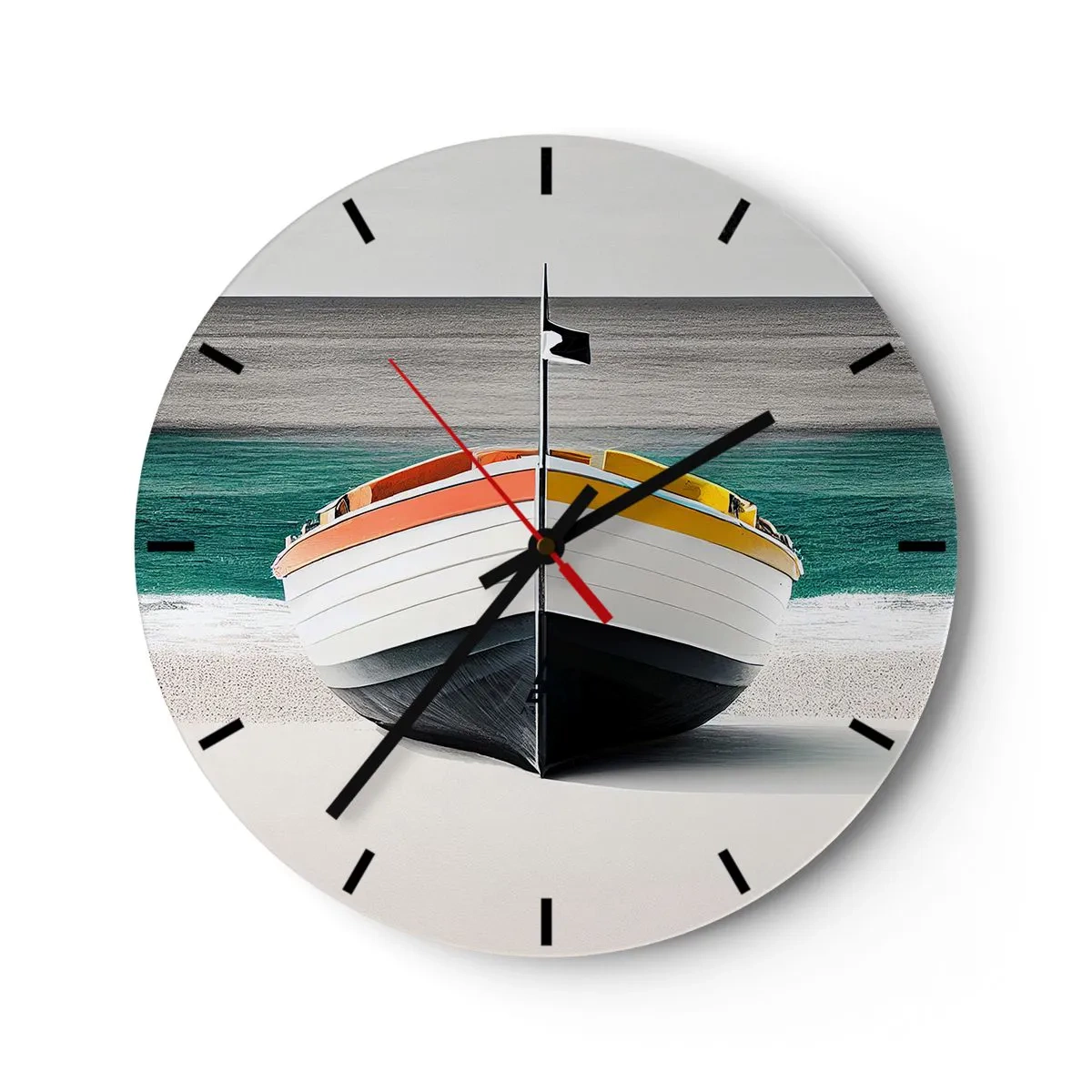 Wandklok - Klok - Kleurrijke vissersboot op een zandstrand - 30x30cm - Op zijn plaats - Moderne wanddecoratie voor woonkamer, keuken en slaapkamer ARTTOR