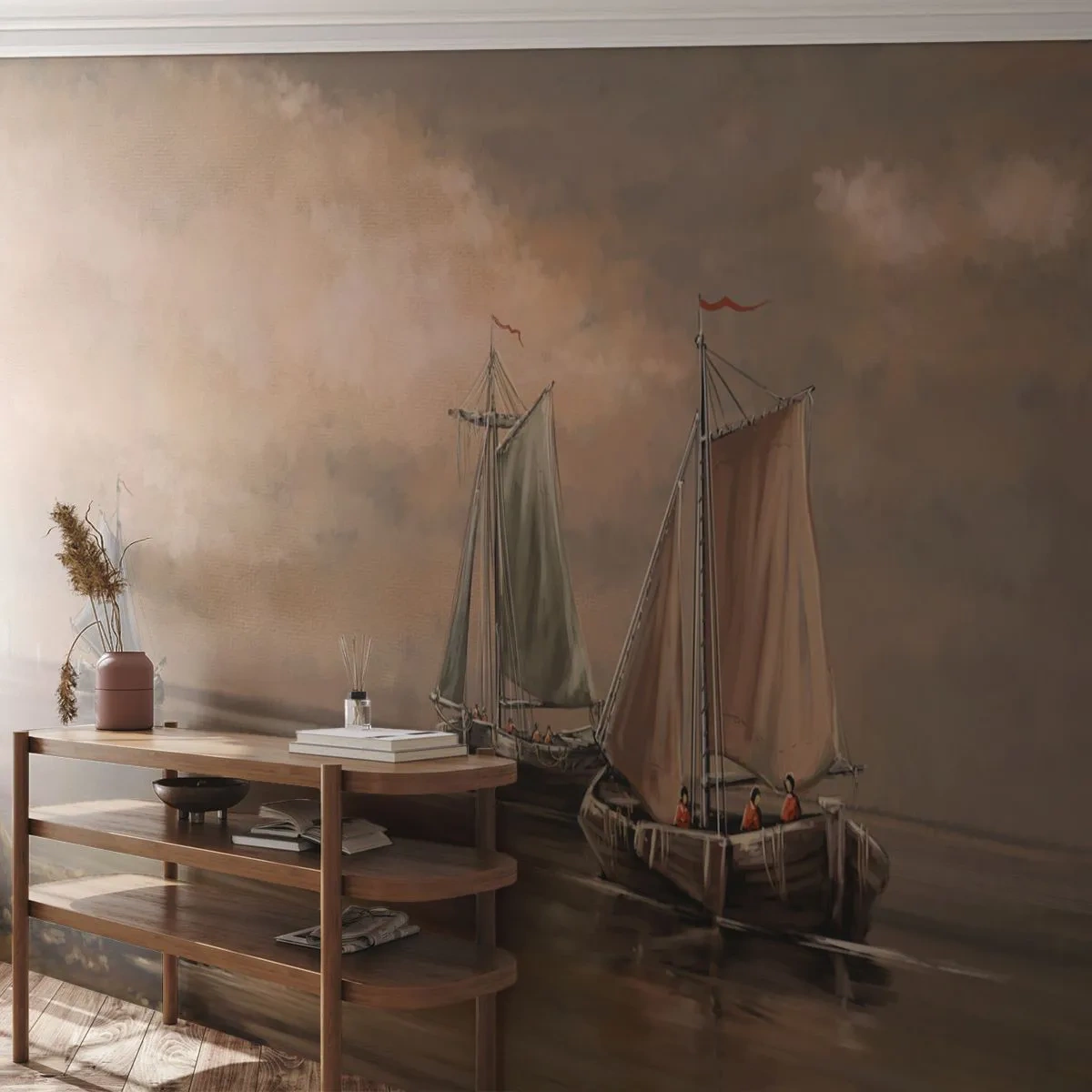 Fotobehang Premium Canvas - De terugkeer van zeelieden - Landschap, Vissersboot, Natuur - 300x210 cm