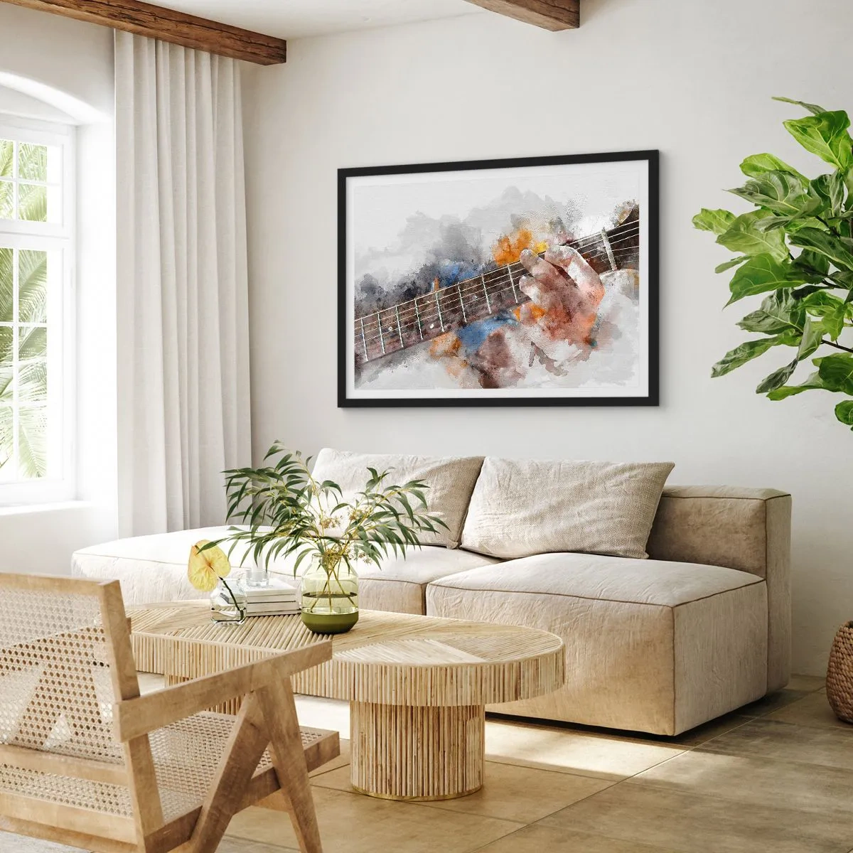 Poster in een zwarte lijst - Poëzie tussen de snaren - 100x70 cm