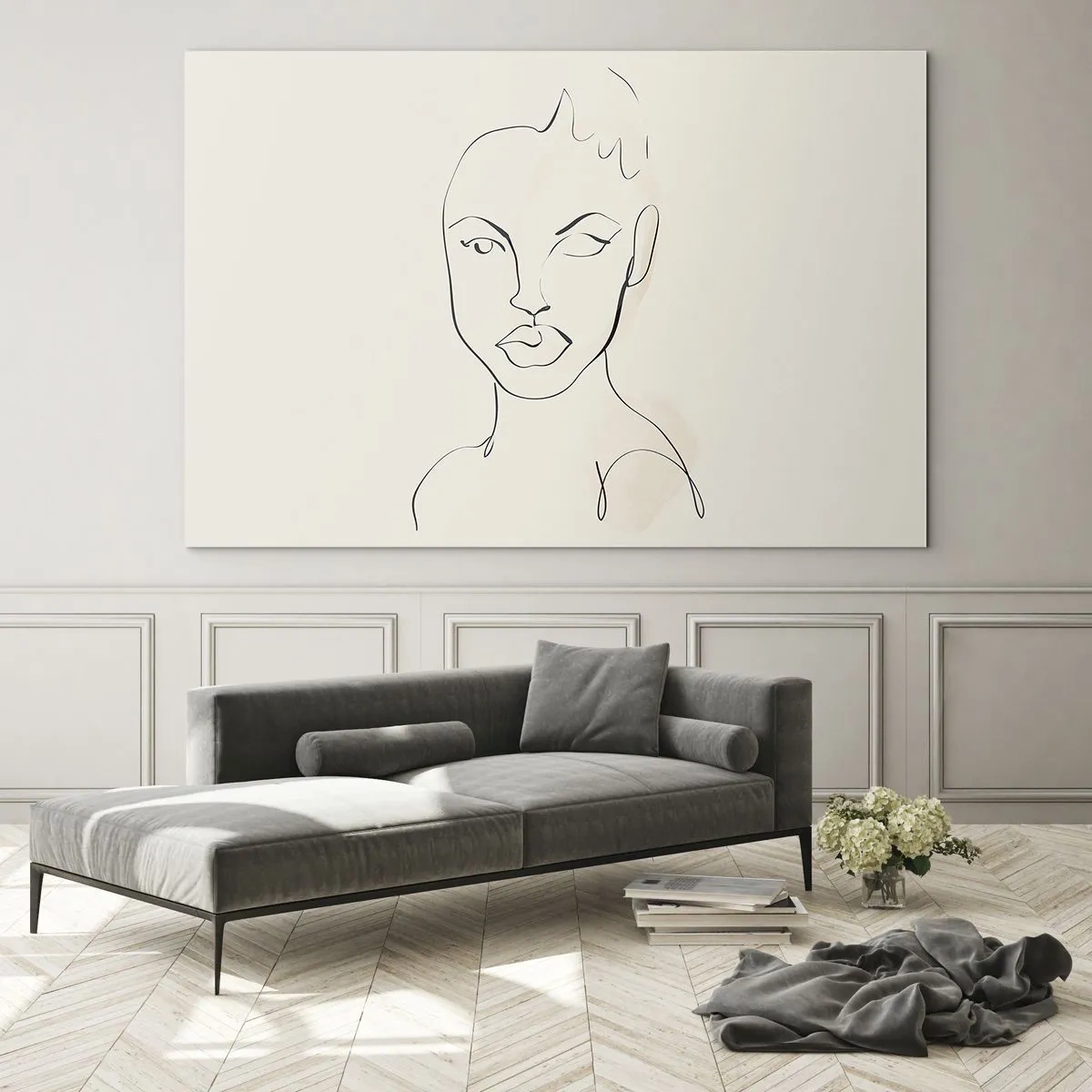 Schilderen op glas - De omtrek van het gezicht is in tinten zwart met subtiele roze accenten. - 70x50cm - Een overzicht van sensualiteit - Moderne wanddecoratie voor woonkamer en slaapkamer ARTTOR