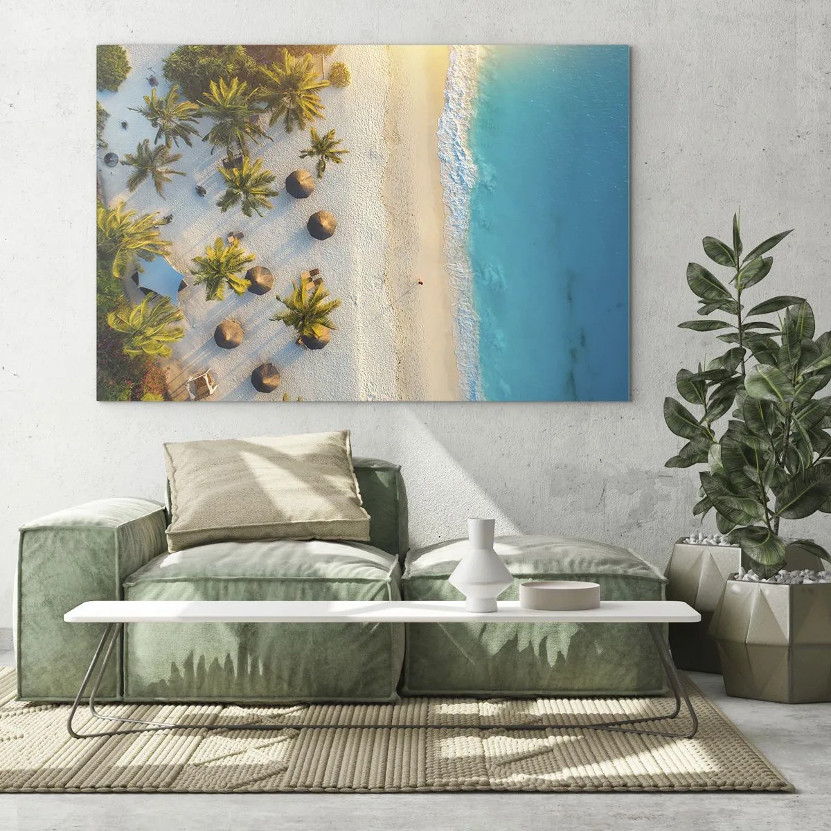 Schilderen op glas - Luchtfoto van een tropisch strand met palmbomen en parasols - 70x50cm - Welkom in het paradijs - Moderne wanddecoratie voor woonkamer en slaapkamer ARTTOR