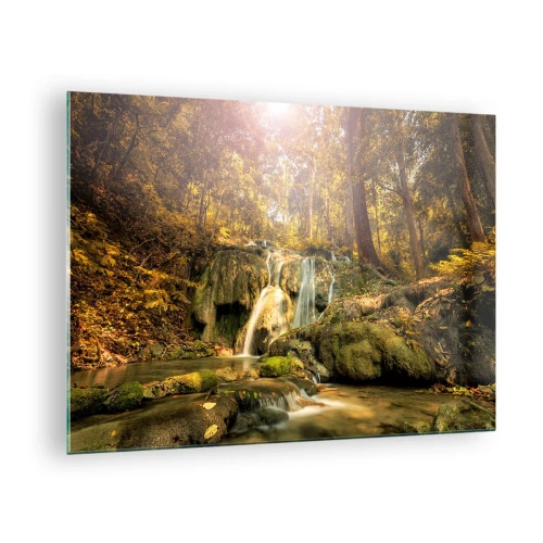 Schilderen op glas - Boscascade in het groen - 70x50cm - Boscascade in het groen - Moderne wanddecoratie voor woonkamer en slaapkamer ARTTOR
