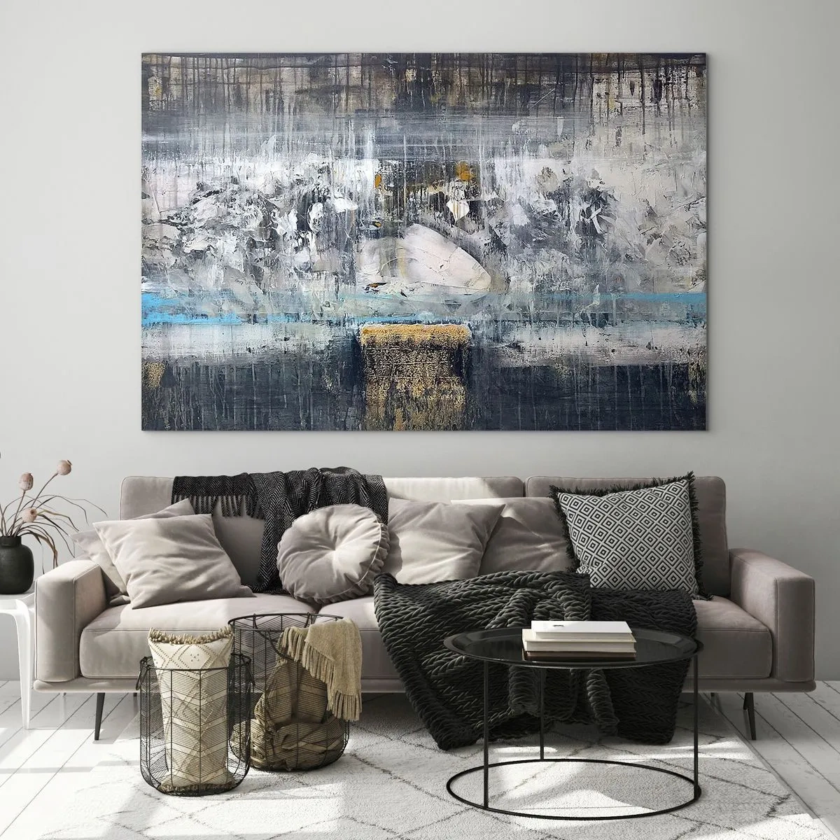 Schilderen op glas - Een abstract landschap, gedomineerd door grijs en blauw. - 70x50cm - Als op ijs, als zo moeizaam - Moderne wanddecoratie voor woonkamer en slaapkamer ARTTOR