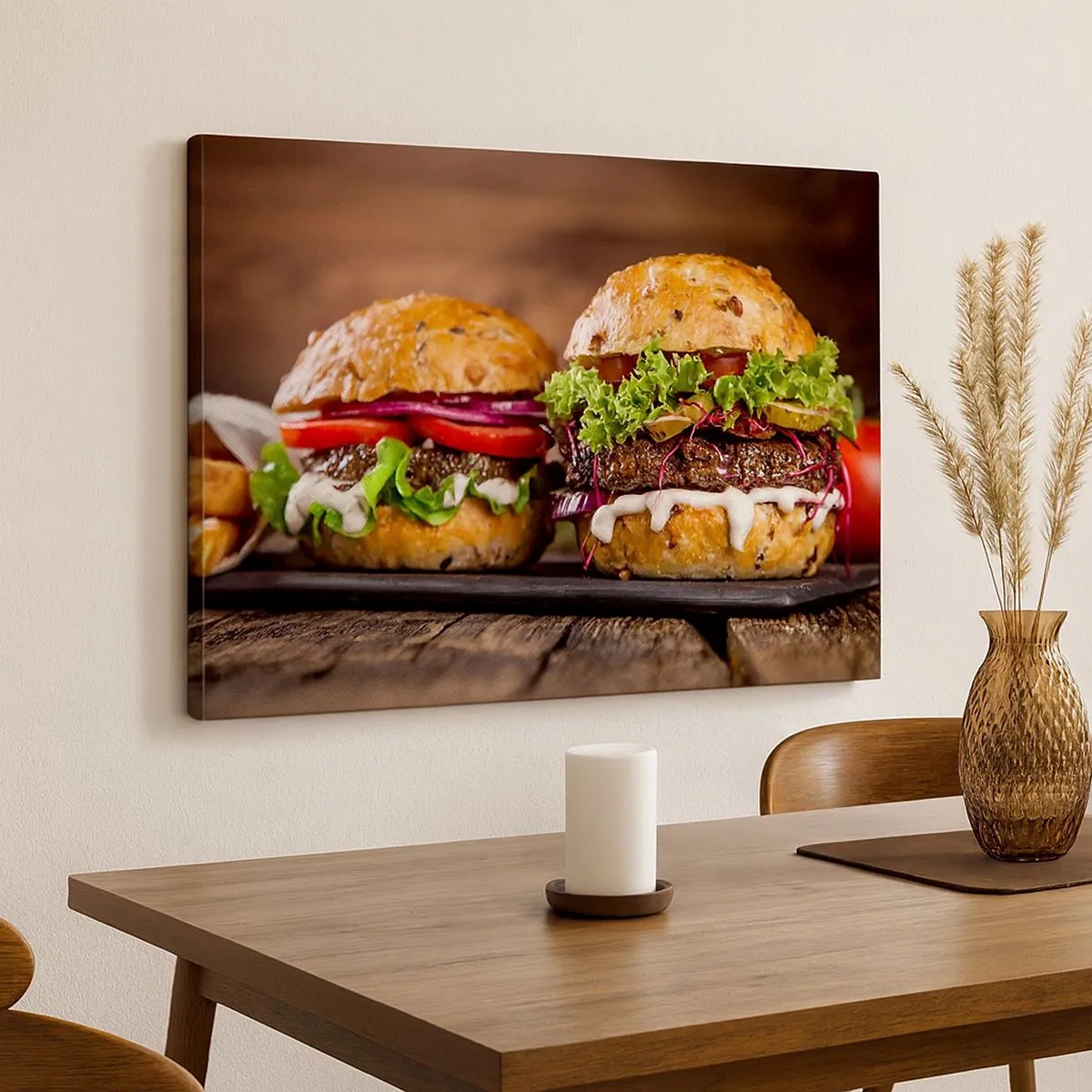 Schilderen op canvas - Smakelijke hamburgers met groenten en saus - 70x50cm - Amerikaanse droom - Moderne wanddecoratie voor woonkamer en slaapkamer ARTTOR
