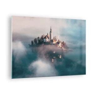 Schilderen op glas - Een eiland met een kerk omgeven door mist op een kalm meer - 70x50cm - droom eiland - Moderne wanddecoratie voor woonkamer en slaapkamer ARTTOR