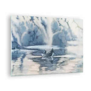 Schilderen op glas - Twee vissers op een boot, omringd door een mistig landschap - 70x50cm - Vissers in hun paradijs - Moderne wanddecoratie voor woonkamer en slaapkamer ARTTOR