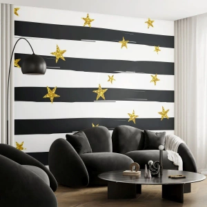 Fotobehang Standard Eco - We zijn allemaal geboren onder een gelukkige ster - Grafisch, Gouden Ster, Zwart-witte strepen - 250x175 cm