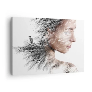 Schilderen op canvas - Silhouet van een vrouw met een tak- en vogelmotief op de achtergrond - 70x50cm - De geest van het bos - Moderne wanddecoratie voor woonkamer en slaapkamer ARTTOR