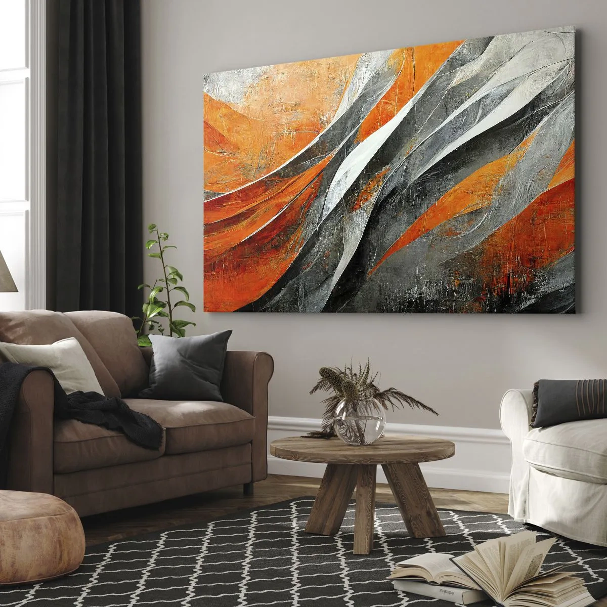 Schilderen op canvas - Abstracte lijnen in tinten oranje en grijs - 70x50cm - Hitte en koude - Moderne wanddecoratie voor woonkamer en slaapkamer ARTTOR