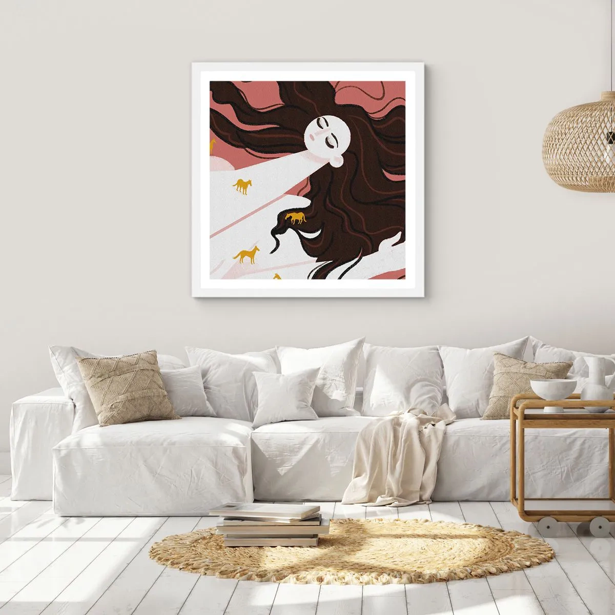 Poster in een witte lijst - Droom over een gouden paard - 40x40 cm