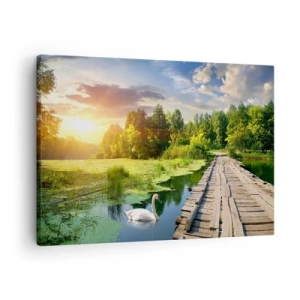 Schilderen op canvas - Een schilderachtig landschap met een brug en een zwaan - 70x50cm - Zomer, zomer overal - Moderne wanddecoratie voor woonkamer en slaapkamer ARTTOR