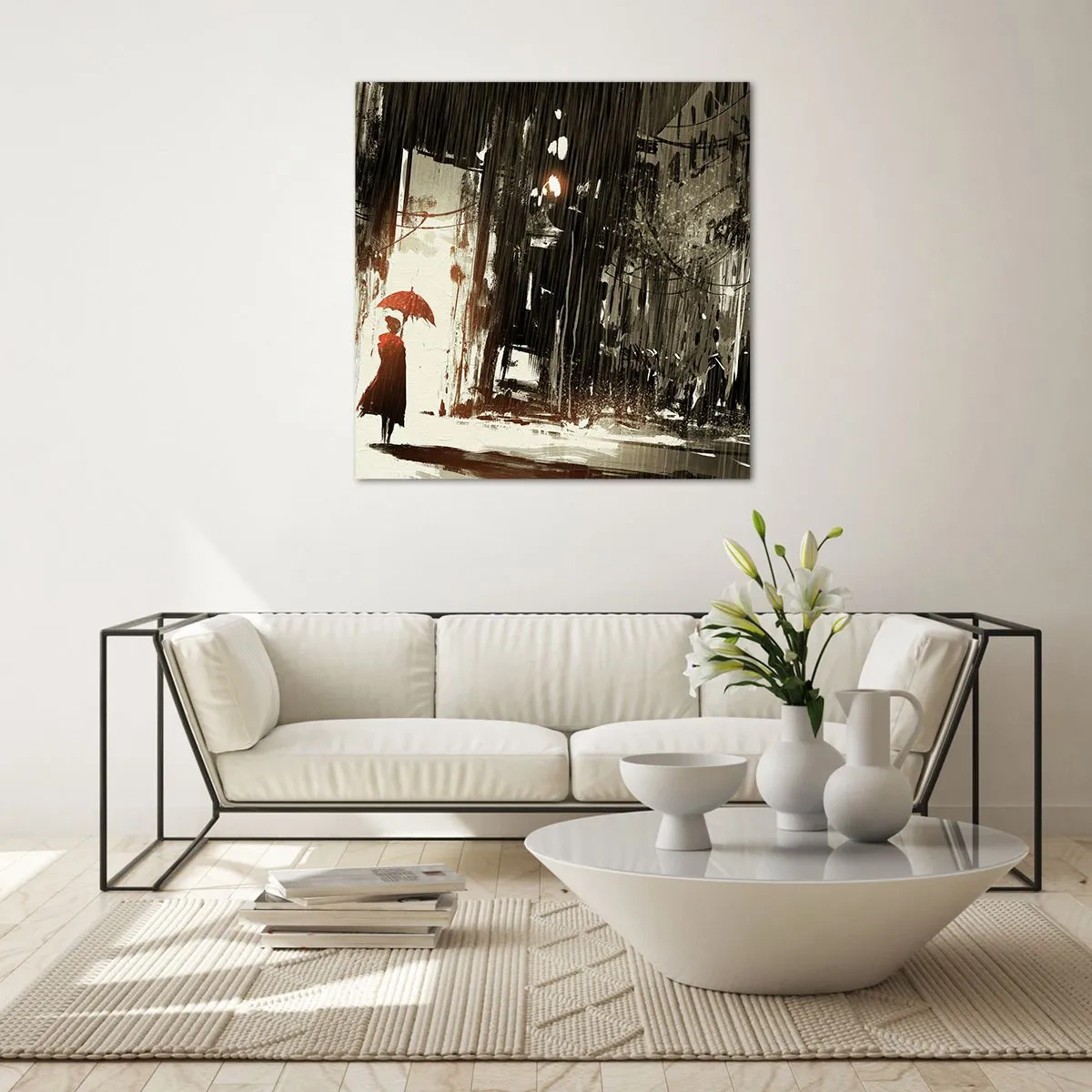 Schilderen op glas - De poëzie van de rode paraplu - 60x60 cm