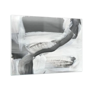 Schilderen op glas - Zwart-wit abstractie met dynamische penseelstreken. - 70x50cm - Een beslissende beweging - Moderne wanddecoratie voor woonkamer en slaapkamer ARTTOR
